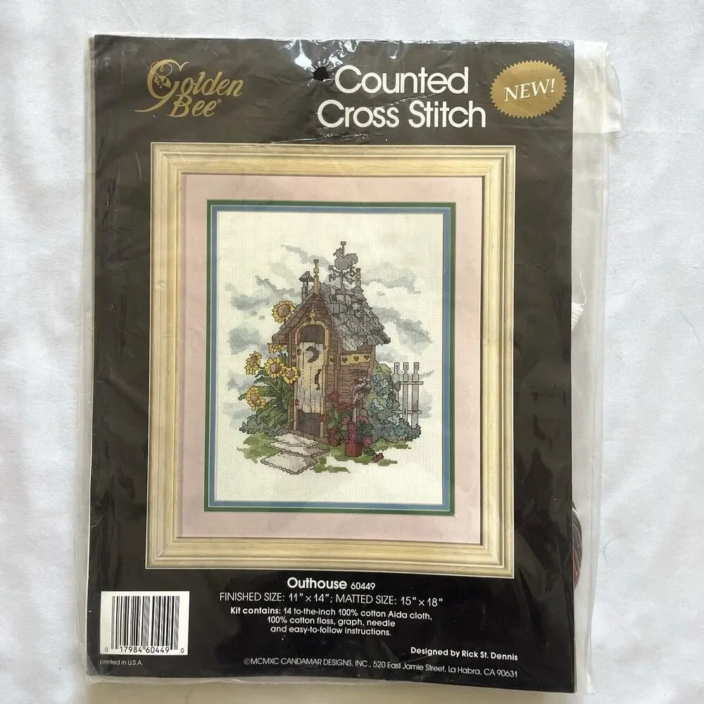 NEW Vintage 1990 Golden Bee Counted Cross Stitch Kit Outhouse Sunflowers #60449